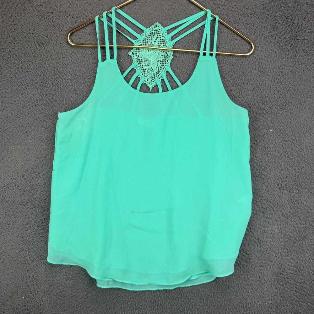 E&M Women Mint Green Crochet Strappy Back Chiffon Tank Top Size M Boho Flowy